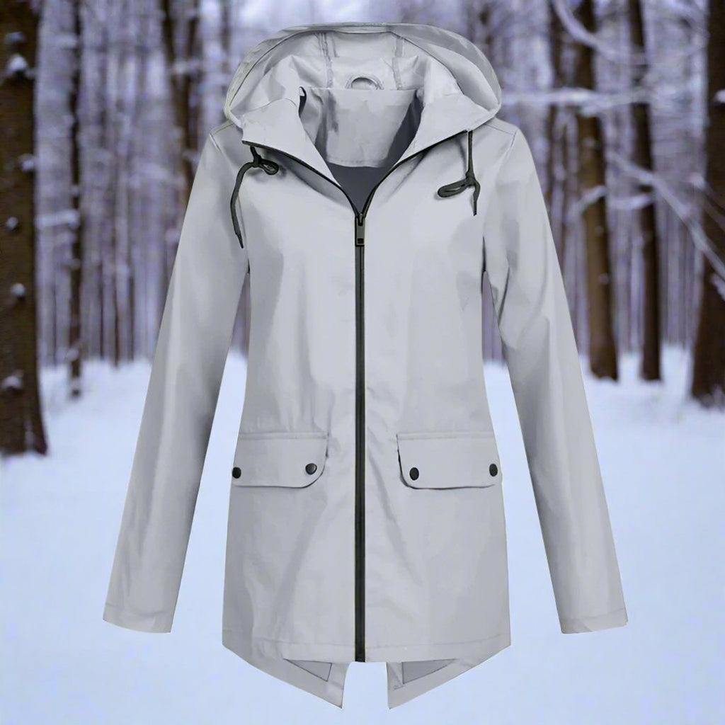 Women's Hooded Waterproof Zip-Up Rain Jacket with Pockets - Gray