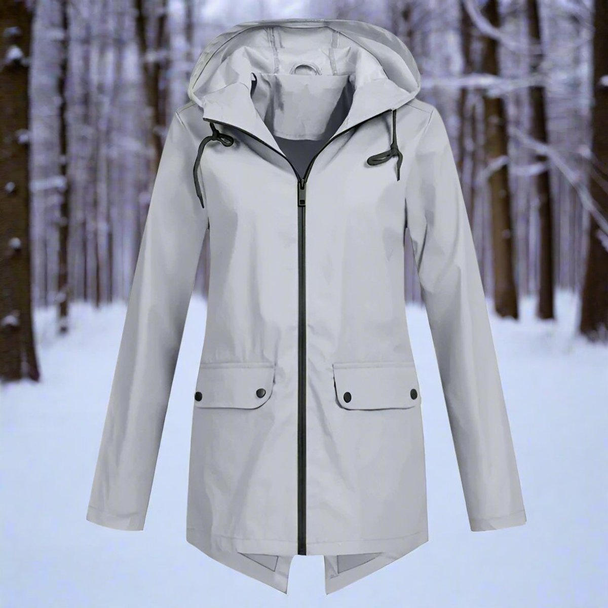Women's Hooded Waterproof Zip-Up Rain Jacket with Pockets - Gray