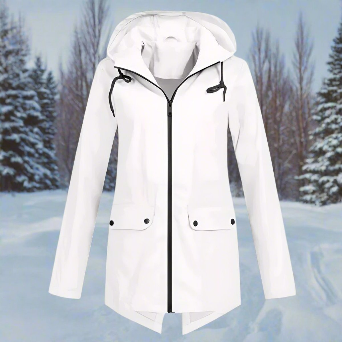 Women's Hooded Waterproof Zip-Up Rain Jacket with Pockets - White