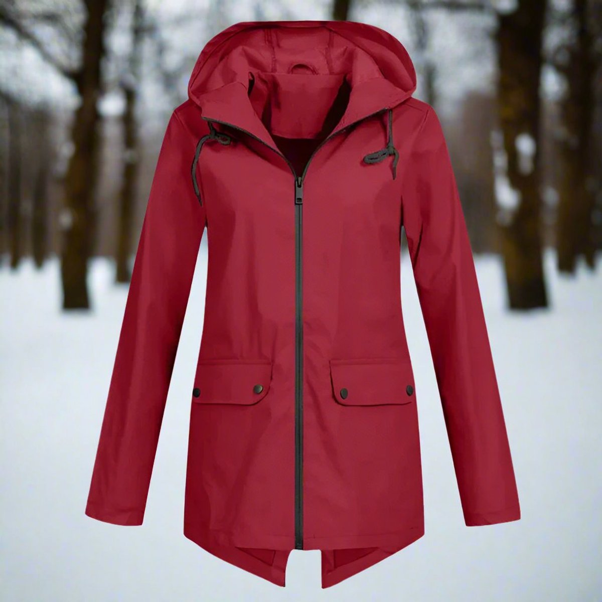 Women's Hooded Waterproof Zip-Up Rain Jacket with Pockets - Wine Red