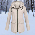 Women's Hooded Waterproof Zip-Up Rain Jacket with Pockets - Apricot