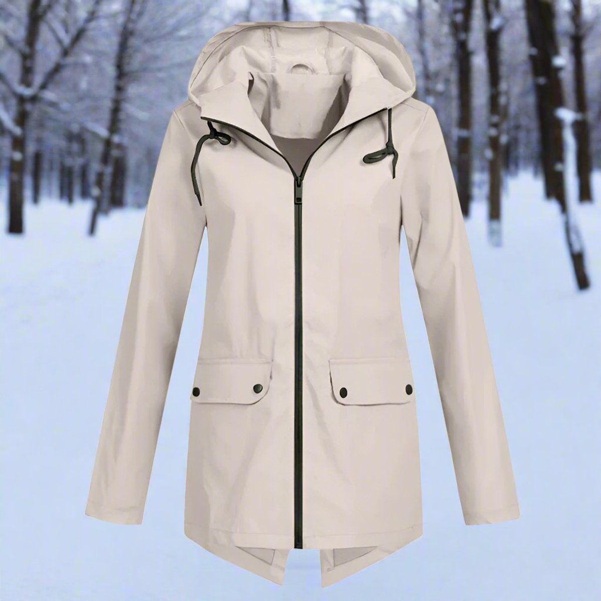 Women's Hooded Waterproof Zip-Up Rain Jacket with Pockets - Apricot