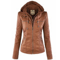 Women's Hooded Zip-Up Faux Leather Moto Jacket - Brown
