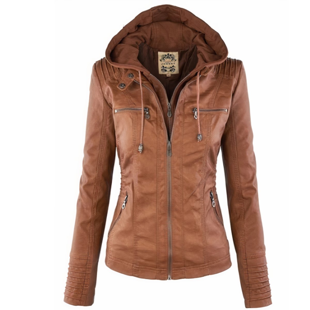 Women's Hooded Zip-Up Faux Leather Moto Jacket - Brown