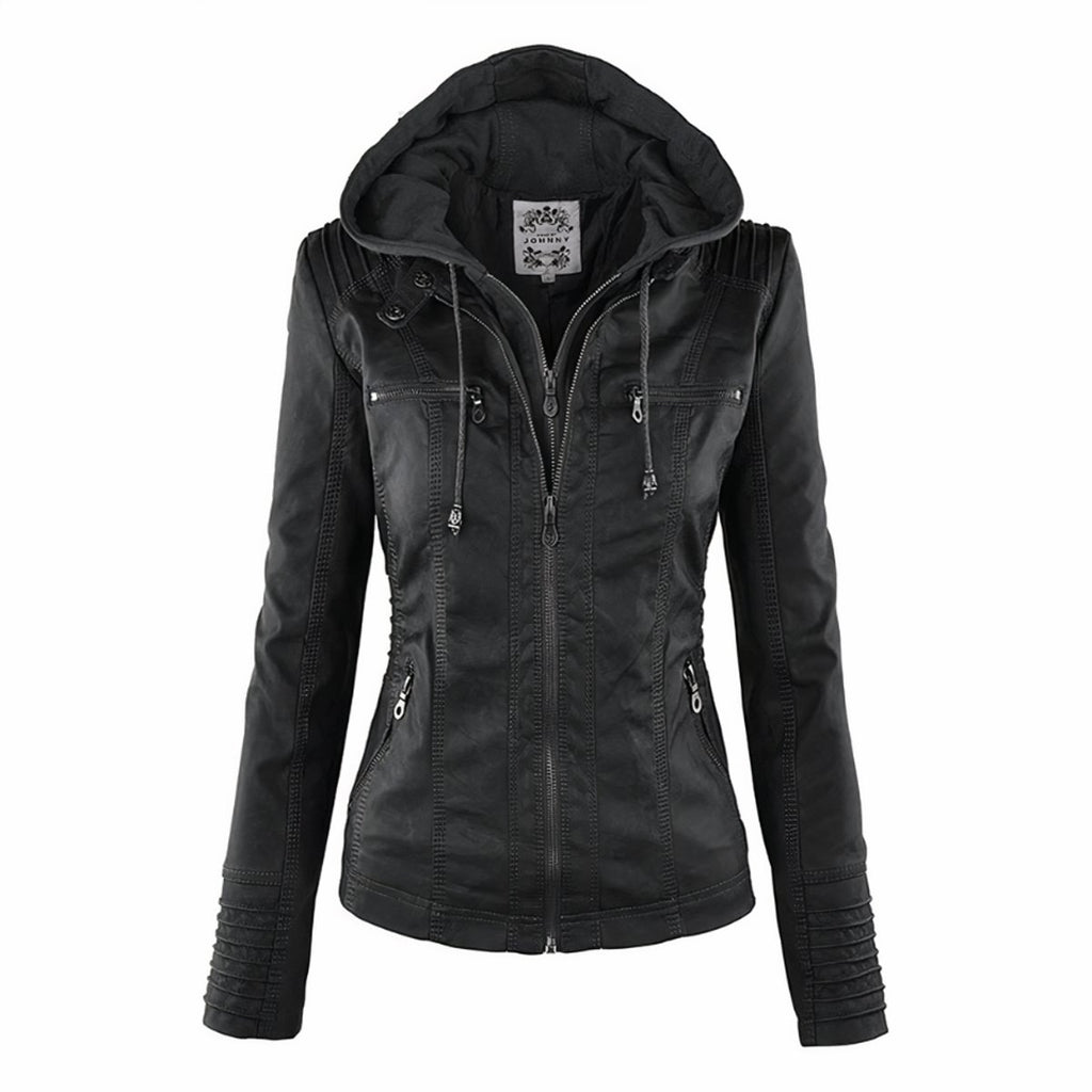 Women's Hooded Zip-Up Faux Leather Moto Jacket - Black