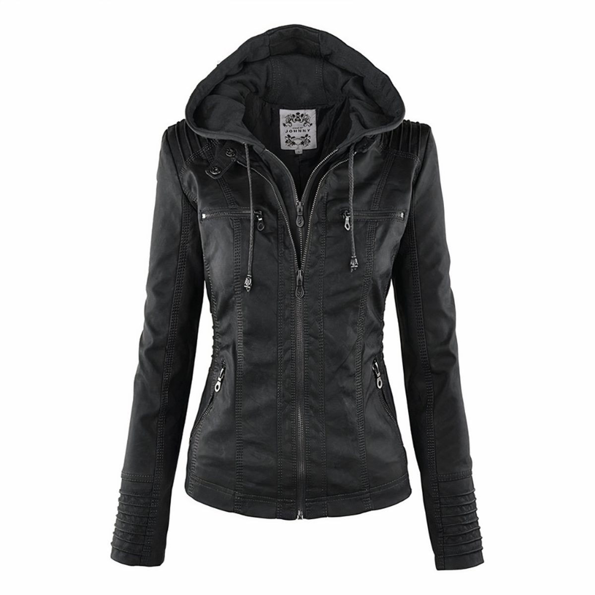 Women's Hooded Zip-Up Faux Leather Moto Jacket - Black