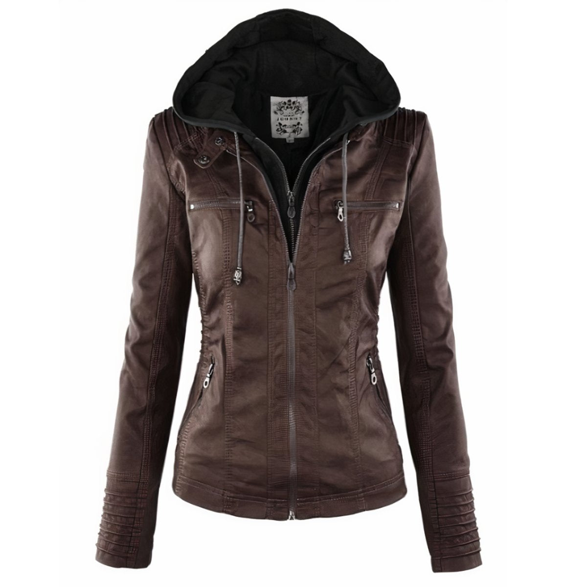 Women's Hooded Zip-Up Faux Leather Moto Jacket - Dark Brown