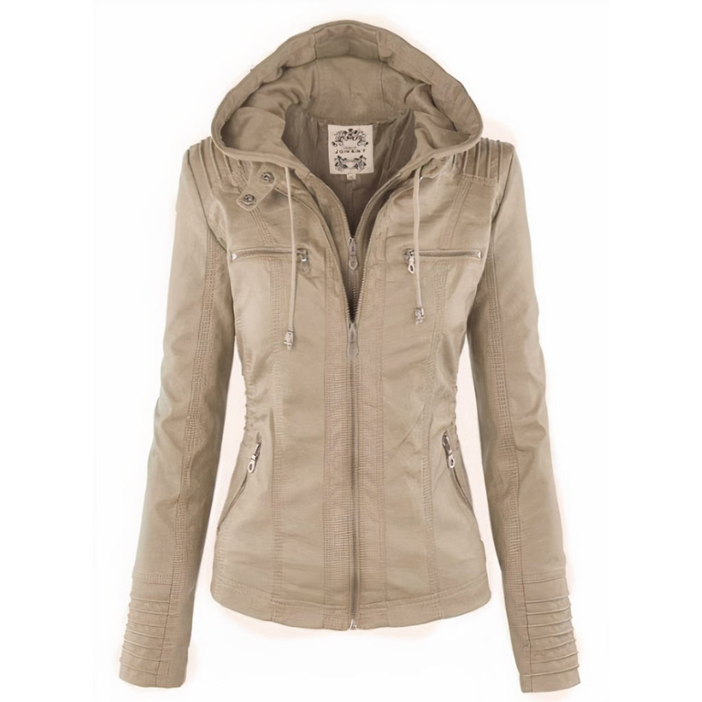 Women's Hooded Zip-Up Faux Leather Moto Jacket - Beige
