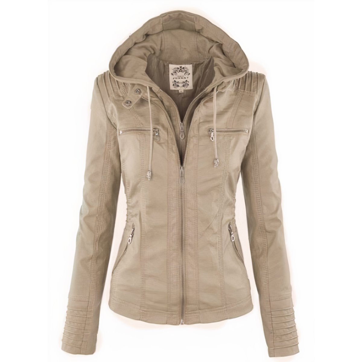 Women's Hooded Zip-Up Faux Leather Moto Jacket - Beige