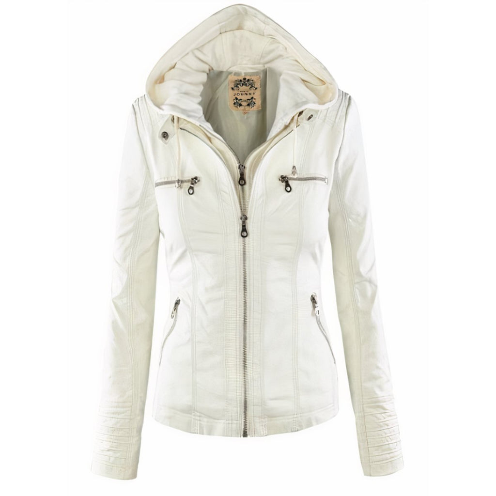 Women's Hooded Zip-Up Faux Leather Moto Jacket - White