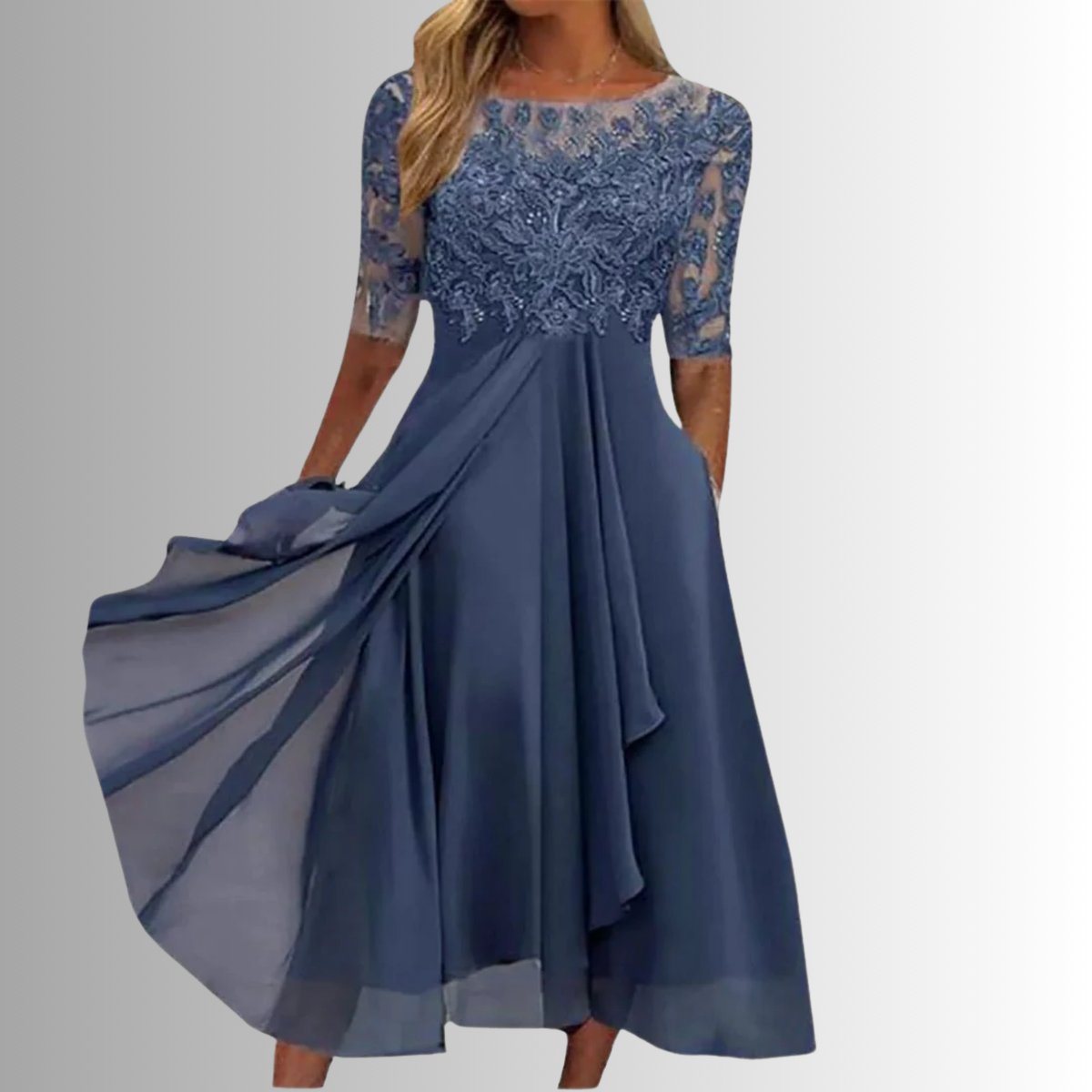 Women's Lace Bodice Chiffon Midi Formal Dresses Half Sleeve - Blue