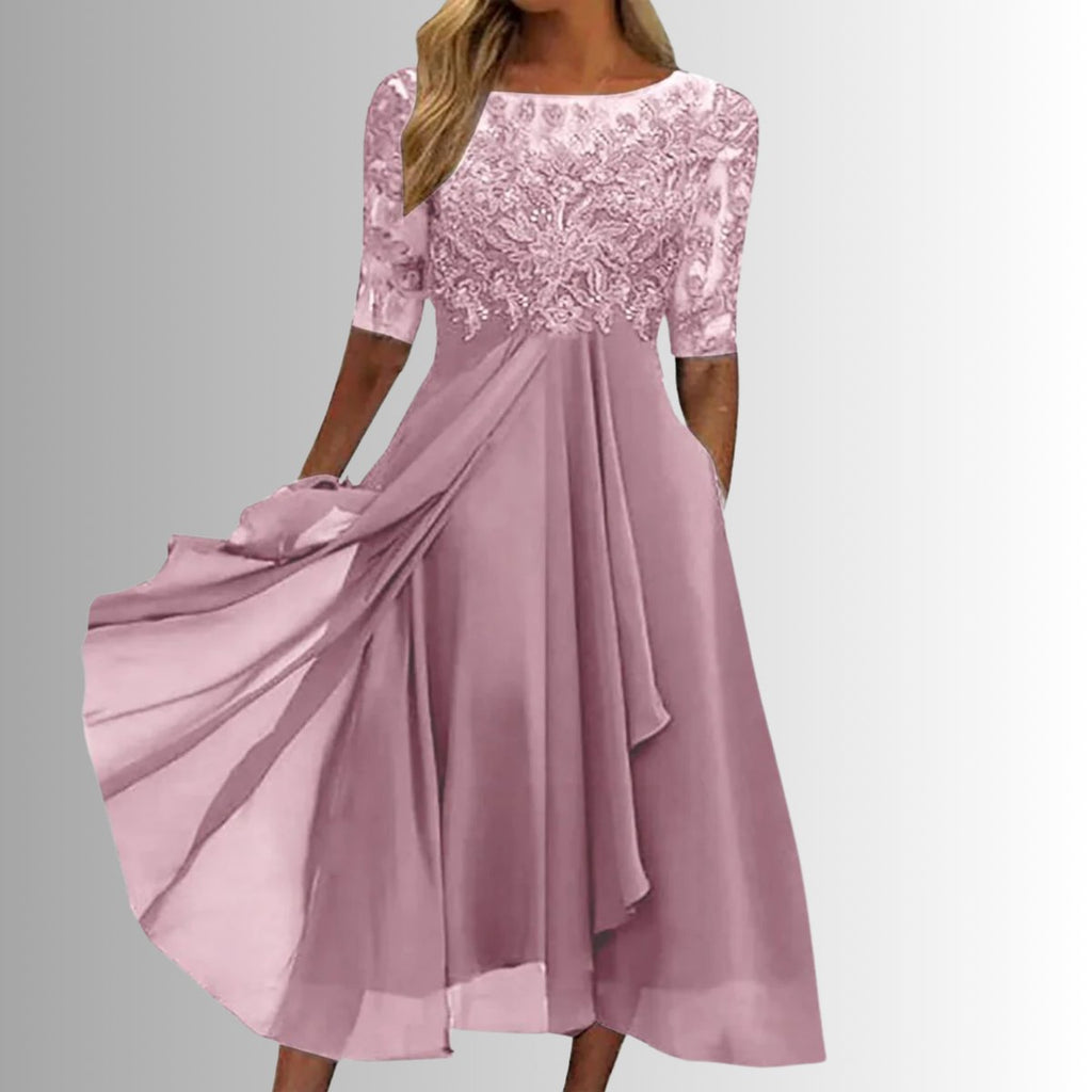 Women's Lace Bodice Chiffon Midi Formal Dresses Half Sleeve - Pink