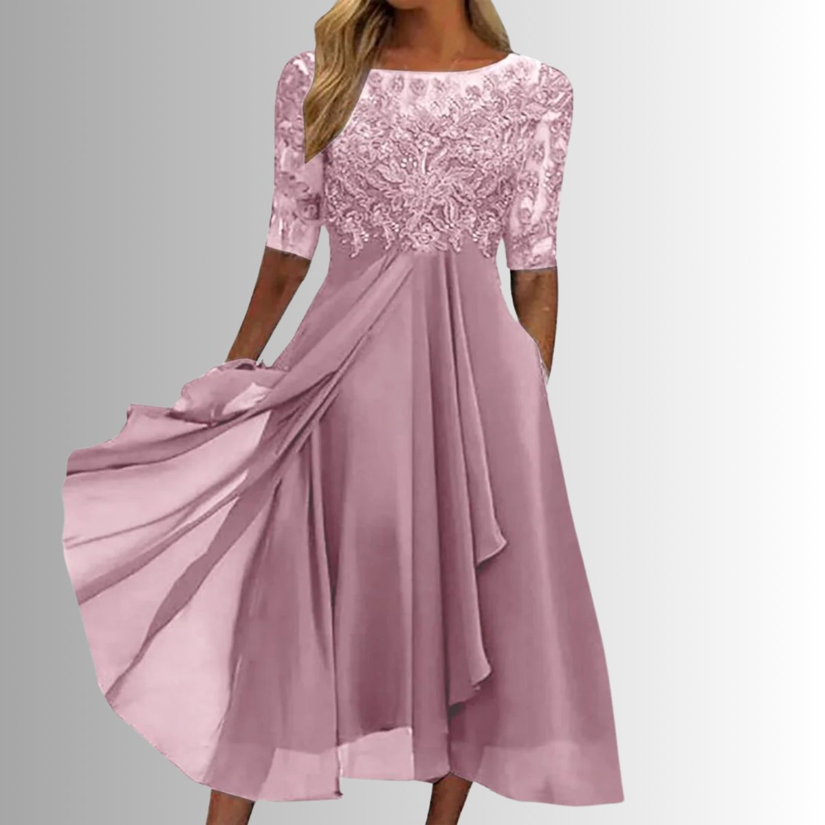 Women's Lace Bodice Chiffon Midi Formal Dresses Half Sleeve - Pink