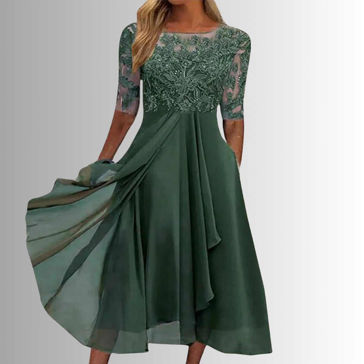 Women's Lace Bodice Chiffon Midi Formal Dresses Half Sleeve - Green
