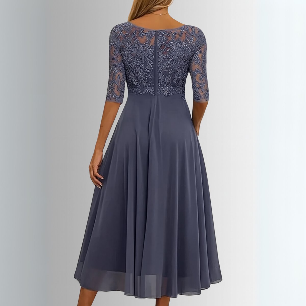 Women's Lace Bodice Chiffon Midi Formal Dresses Half Sleeve