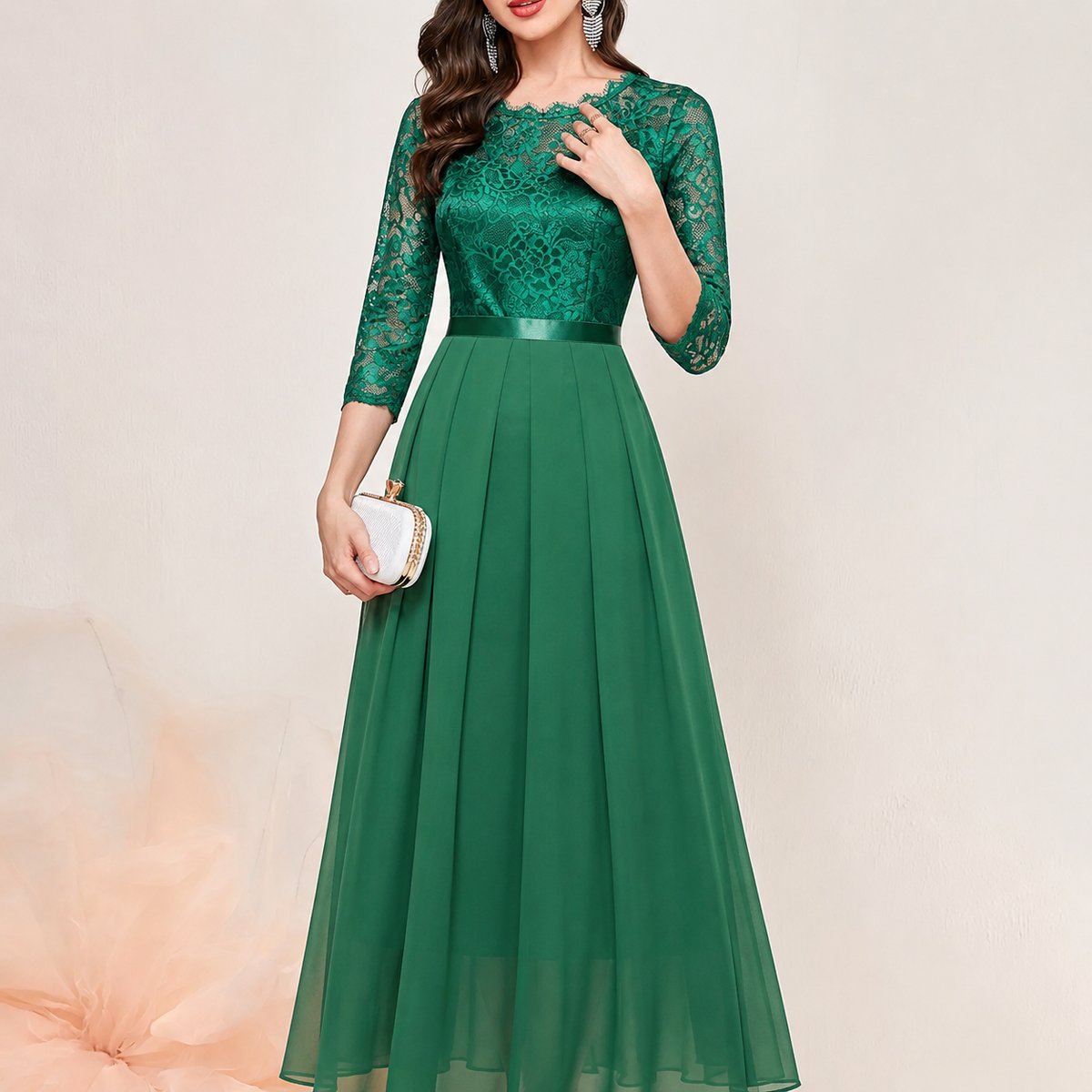 Women's Lace Bodice Quarter-Sleeve Pleated Maxi Formal Dresses - Green