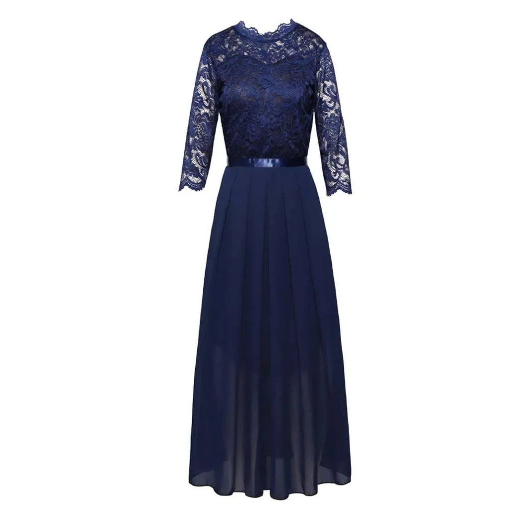 Women's Lace Bodice Quarter-Sleeve Pleated Maxi Formal Dresses
