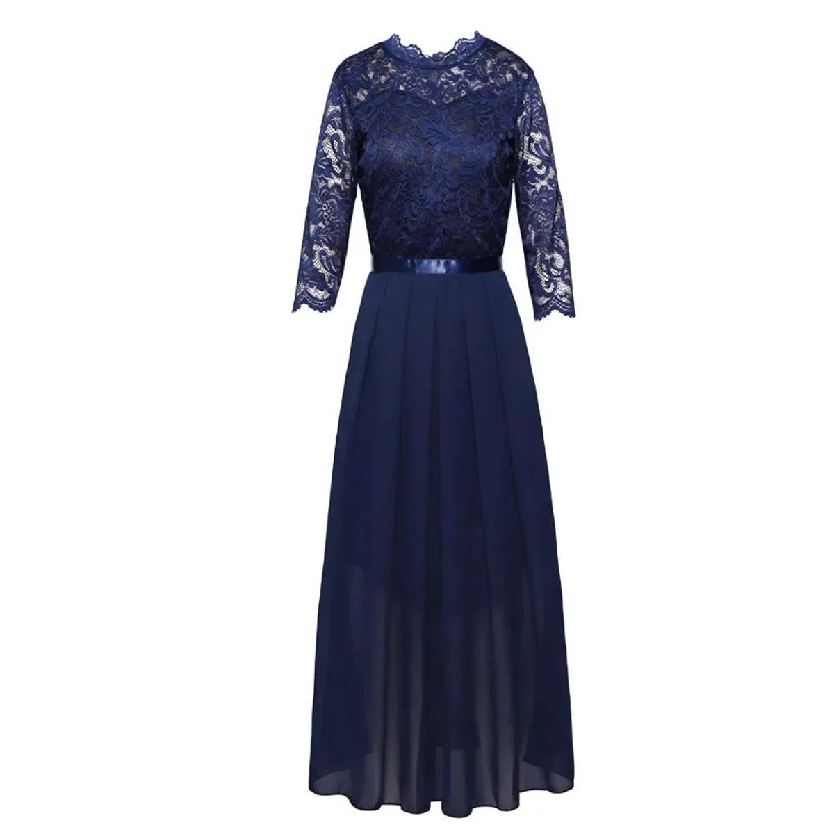 Women's Lace Bodice Quarter-Sleeve Pleated Maxi Formal Dresses