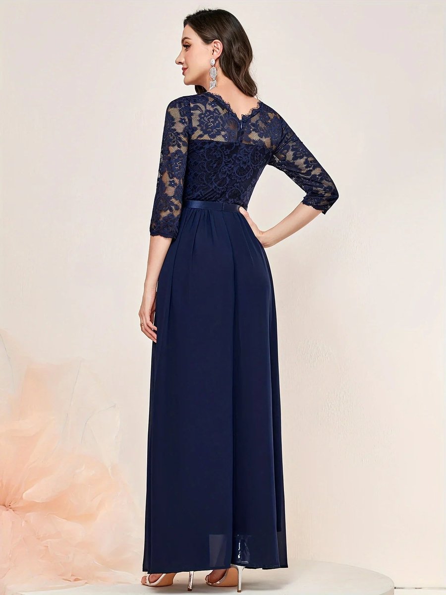 Women's Lace Bodice Quarter-Sleeve Pleated Maxi Formal Dresses