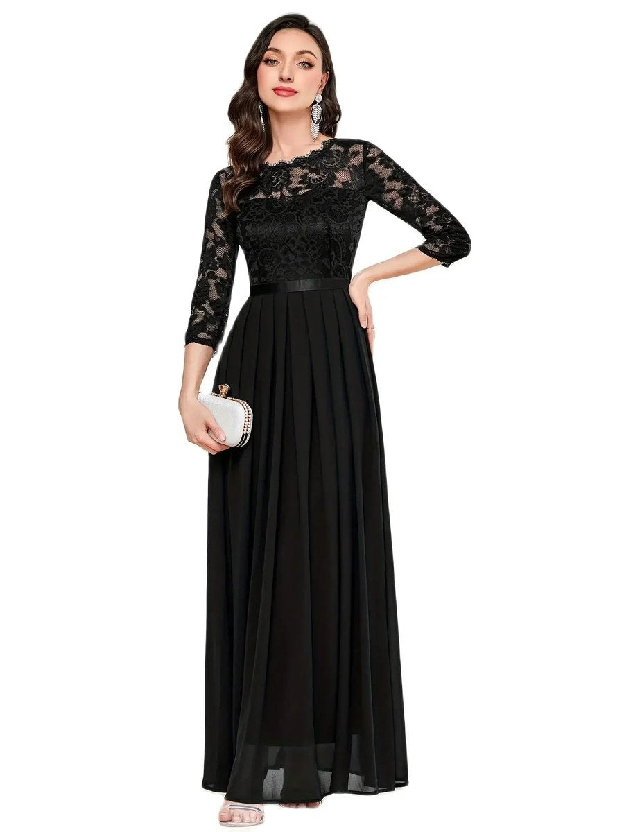 Women's Lace Bodice Quarter-Sleeve Pleated Maxi Formal Dresses