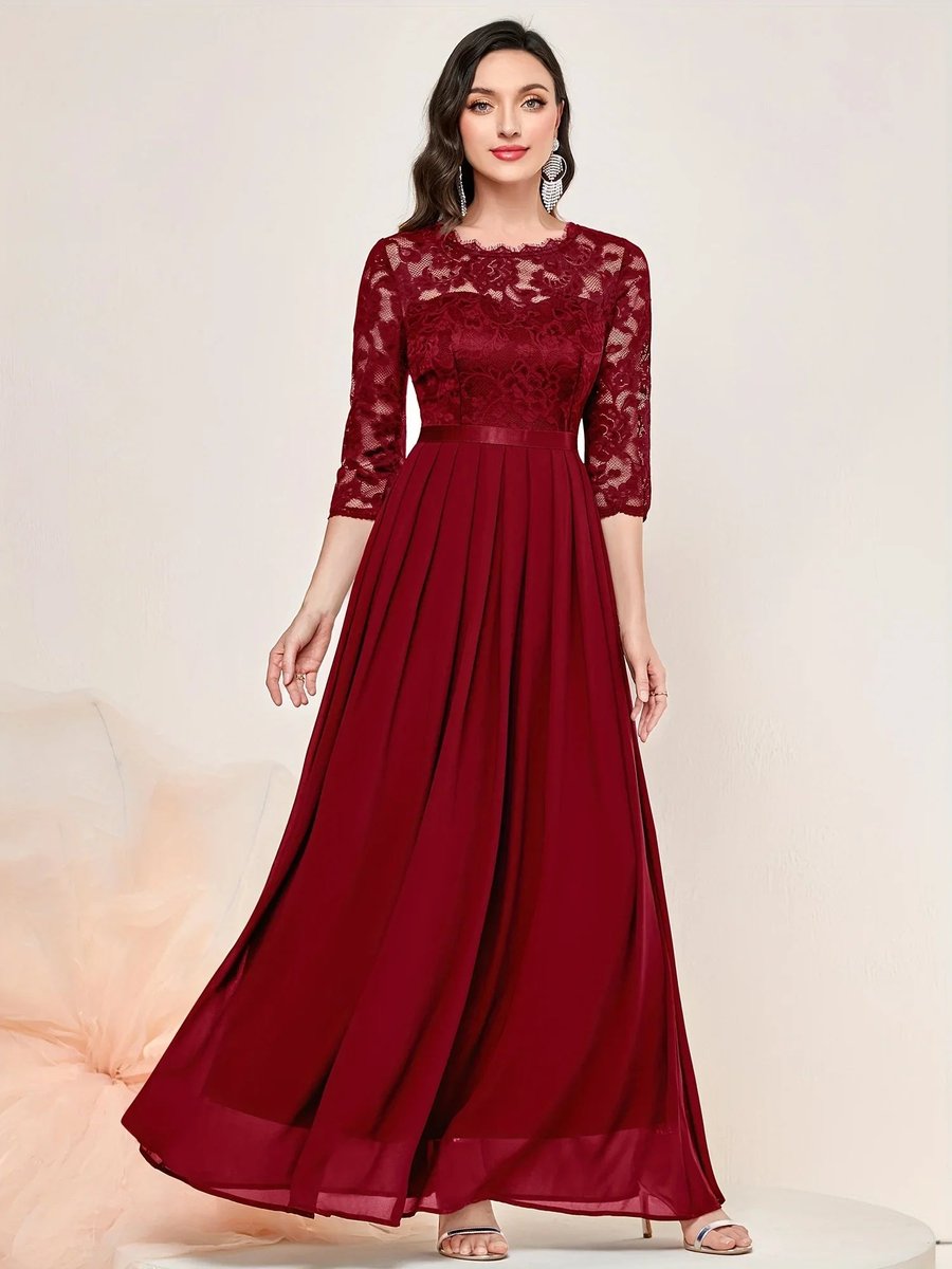 Women's Lace Bodice Quarter-Sleeve Pleated Maxi Formal Dresses