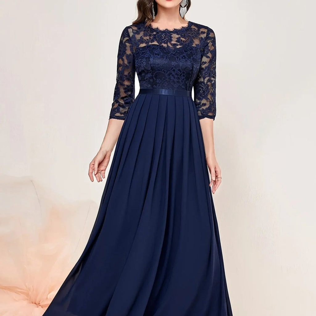 Women's Lace Bodice Quarter-Sleeve Pleated Maxi Formal Dresses - Blue
