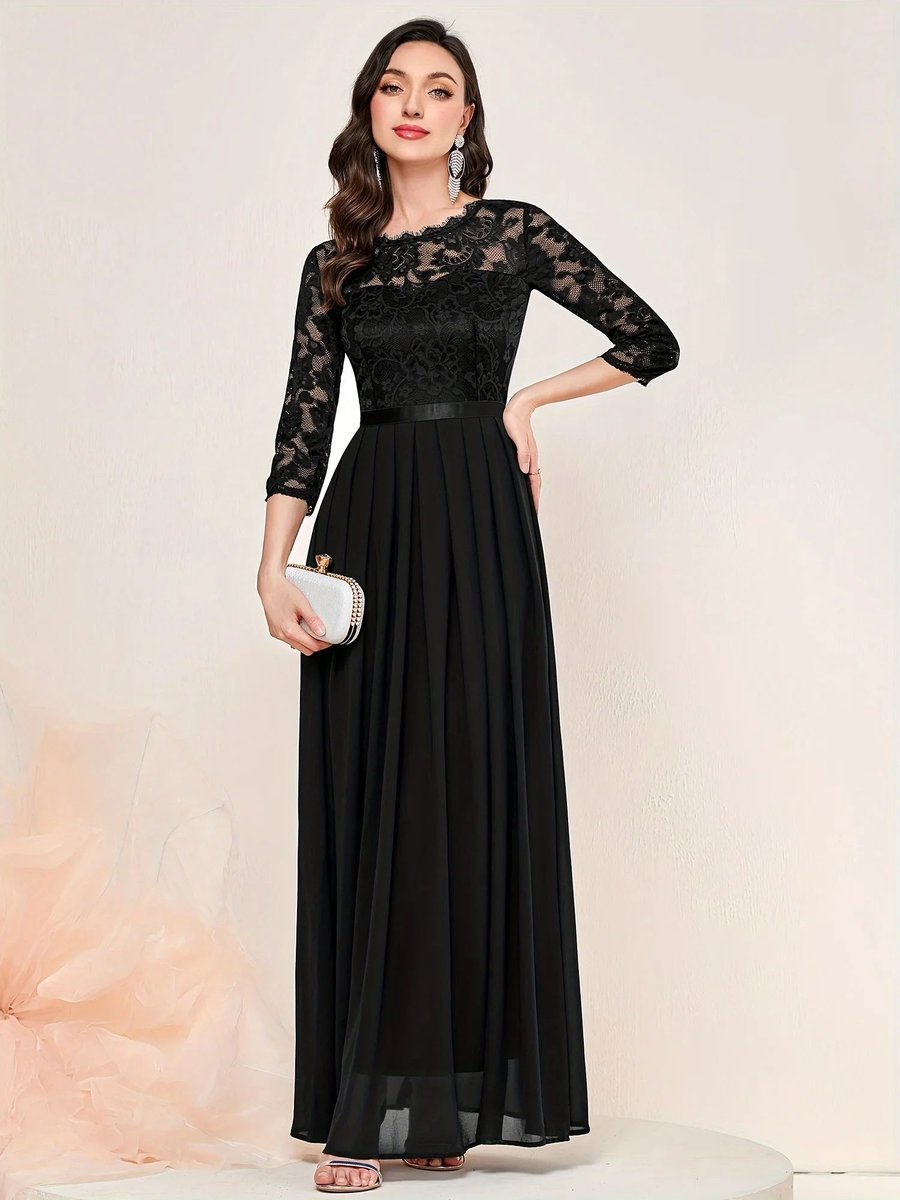 Women's Lace Bodice Quarter-Sleeve Pleated Maxi Formal Dresses - Black