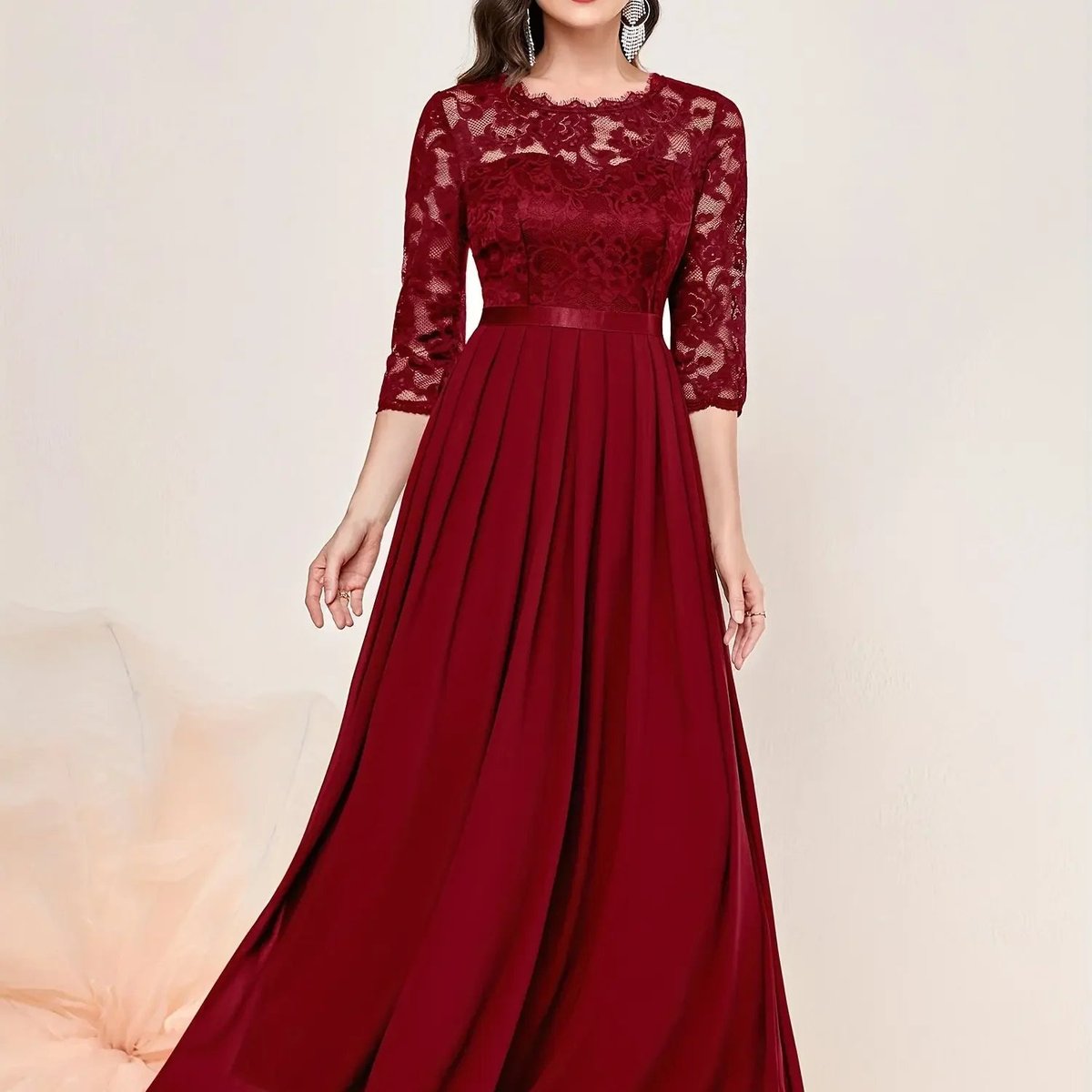 Women's Lace Bodice Quarter-Sleeve Pleated Maxi Formal Dresses - Red