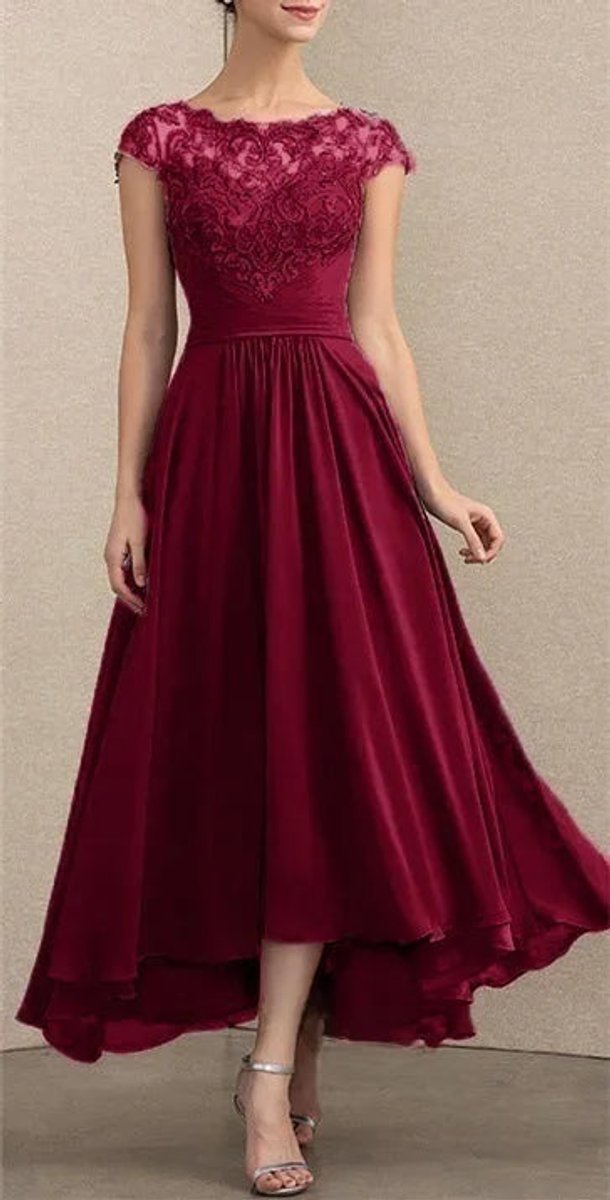 Women's Lace Chiffon A-Line Maxi Formal Dresses Cap Sleeve - Burgundy