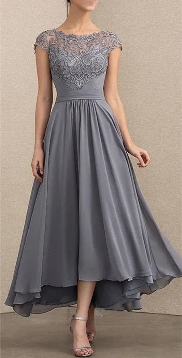 Women's Lace Chiffon A-Line Maxi Formal Dresses Cap Sleeve - Gray