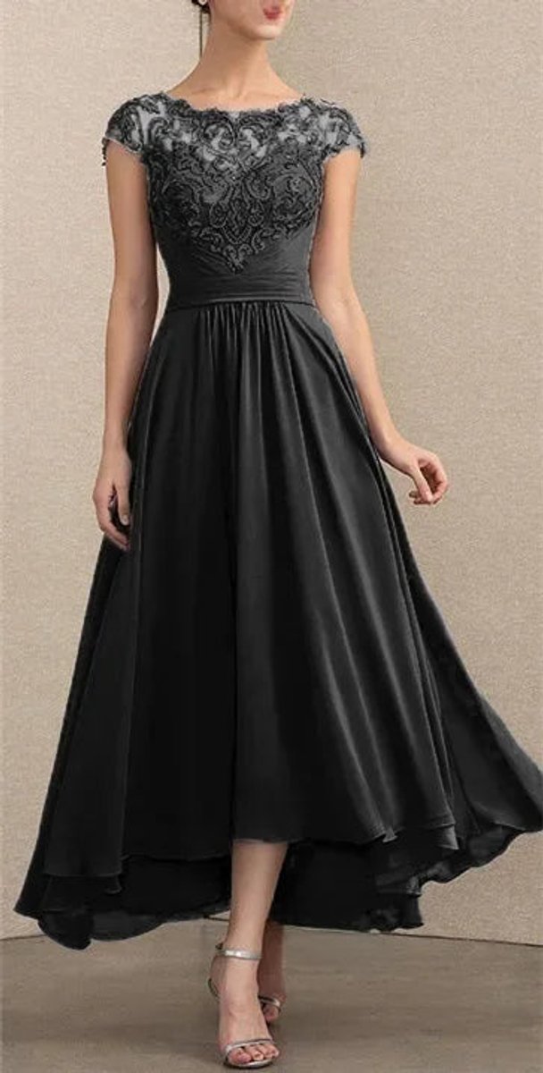 Women's Lace Chiffon A-Line Maxi Formal Dresses Cap Sleeve - Black