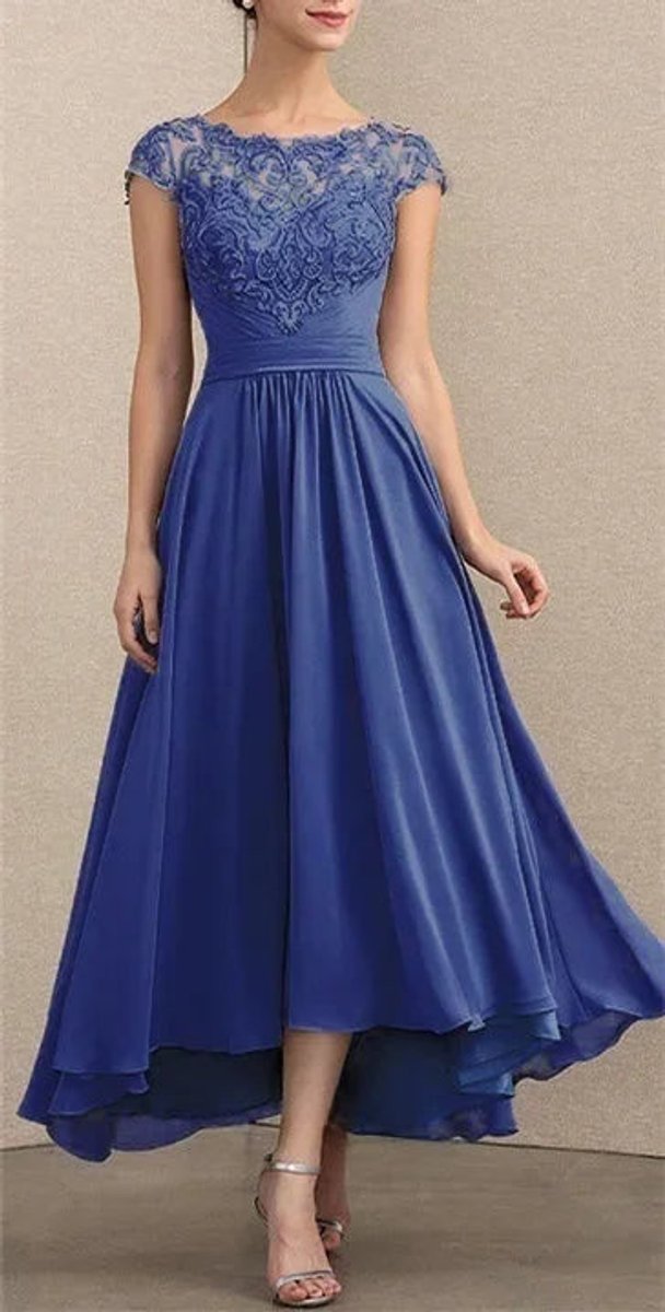 Women's Lace Chiffon A-Line Maxi Formal Dresses Cap Sleeve - Blue