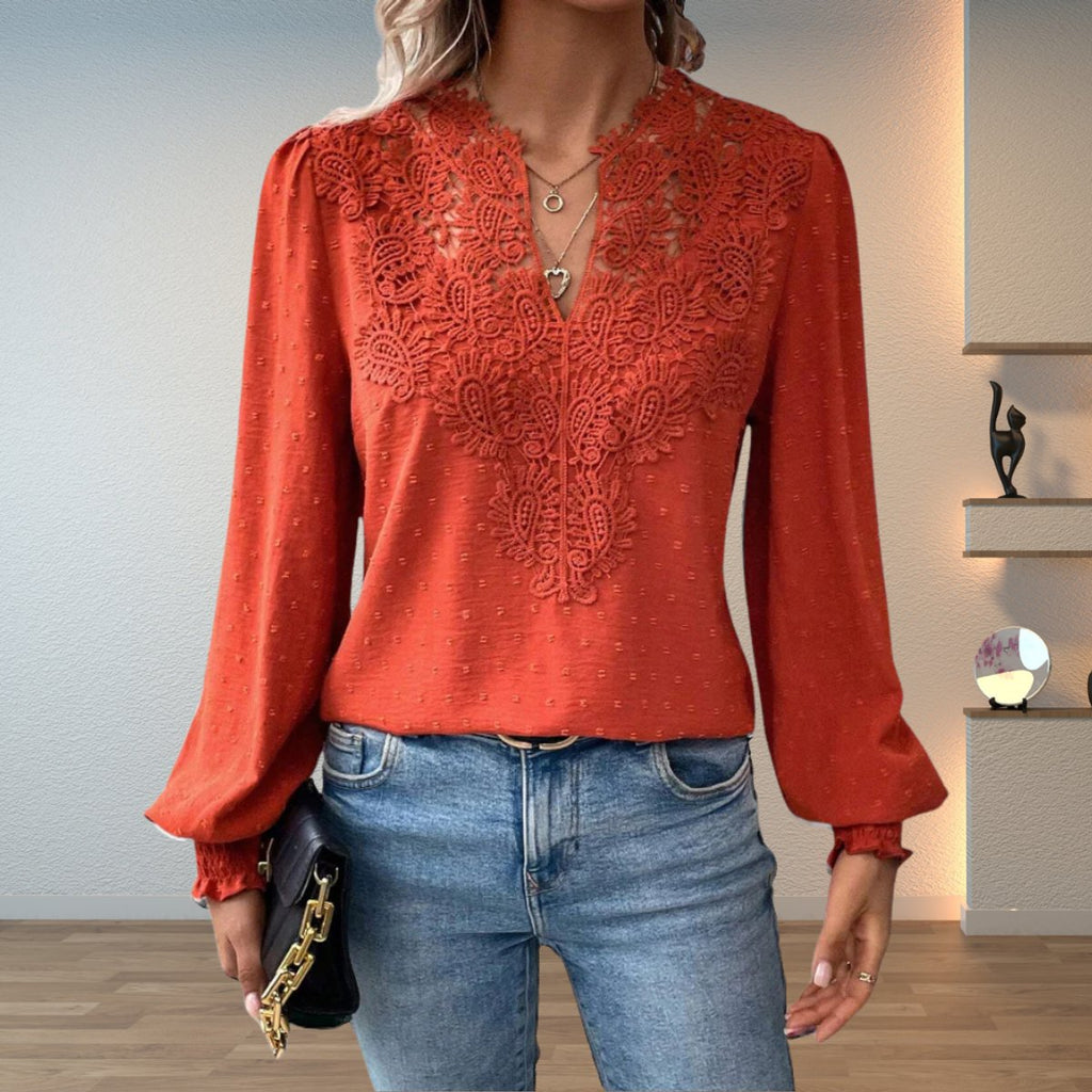 Women's Lace-Detail V-Neck Long-Sleeve Dotted Blouse - Terracotta