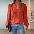 Women's Lace-Detail V-Neck Long-Sleeve Dotted Blouse - Terracotta