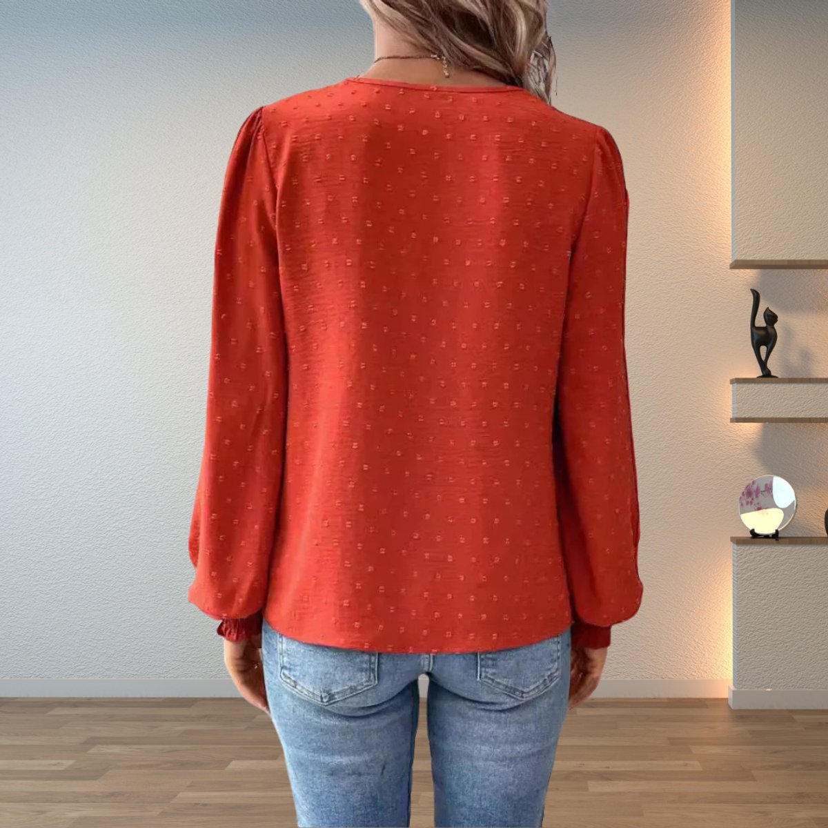Women's Lace-Detail V-Neck Long-Sleeve Dotted Blouse