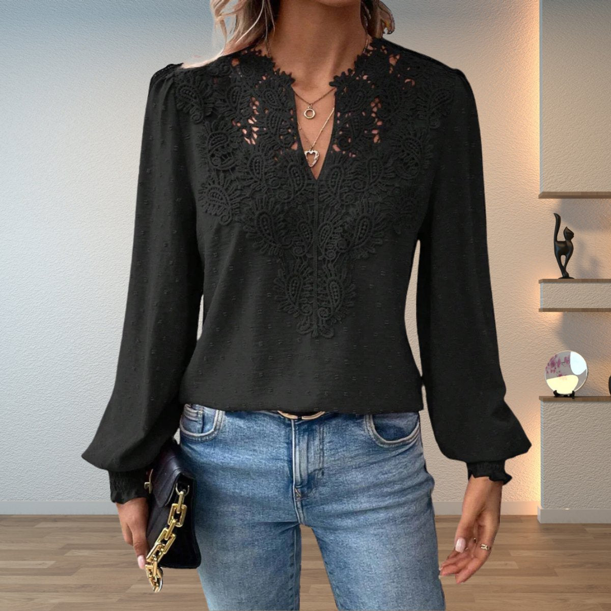 Women's Lace-Detail V-Neck Long-Sleeve Dotted Blouse - Black