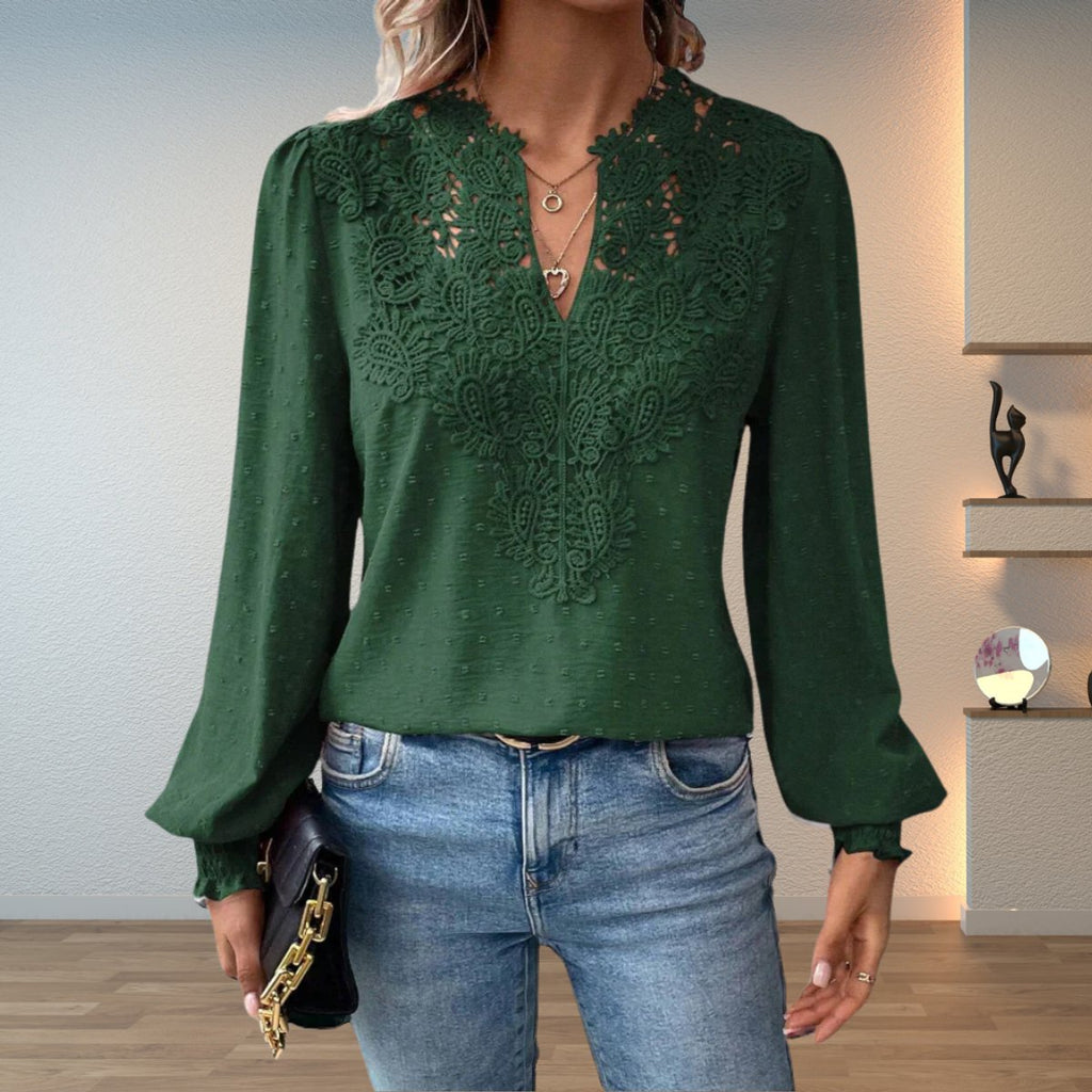 Women's Lace-Detail V-Neck Long-Sleeve Dotted Blouse - Dark Green