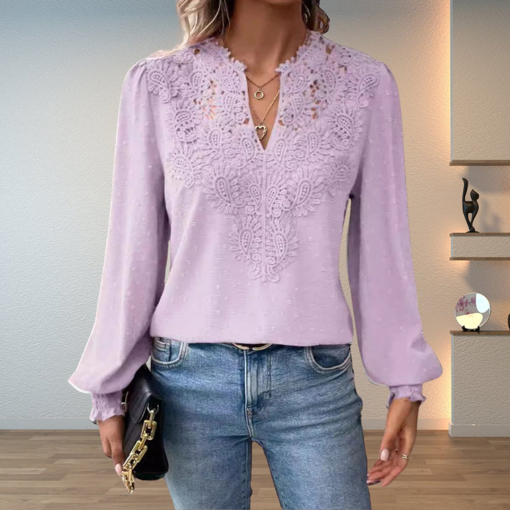 Women's Lace-Detail V-Neck Long-Sleeve Dotted Blouse - Light Purple