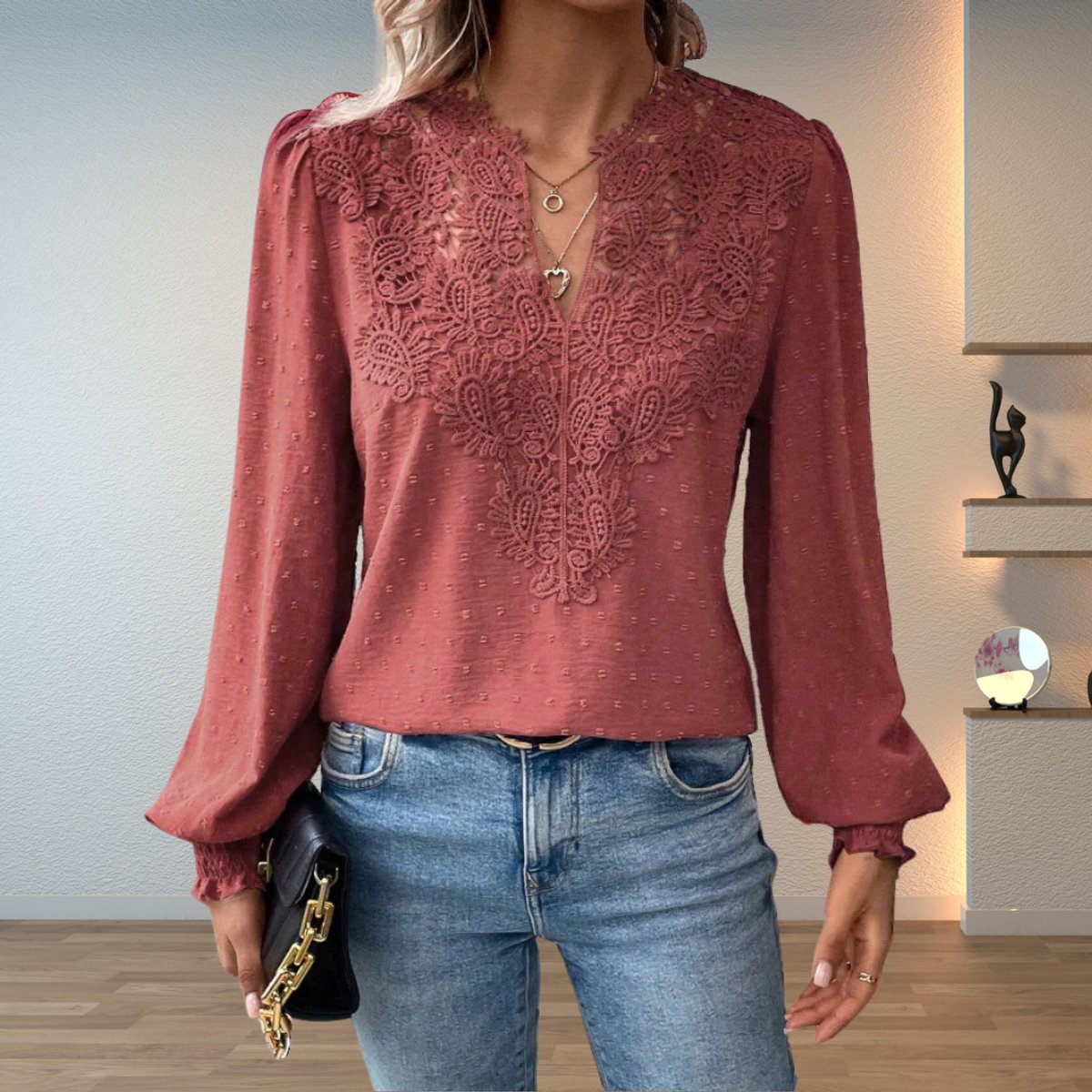Women's Lace-Detail V-Neck Long-Sleeve Dotted Blouse - Dusty Pink