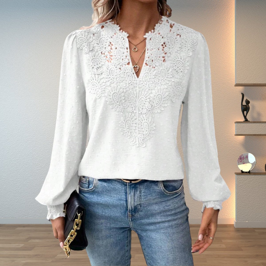 Women's Lace-Detail V-Neck Long-Sleeve Dotted Blouse - White