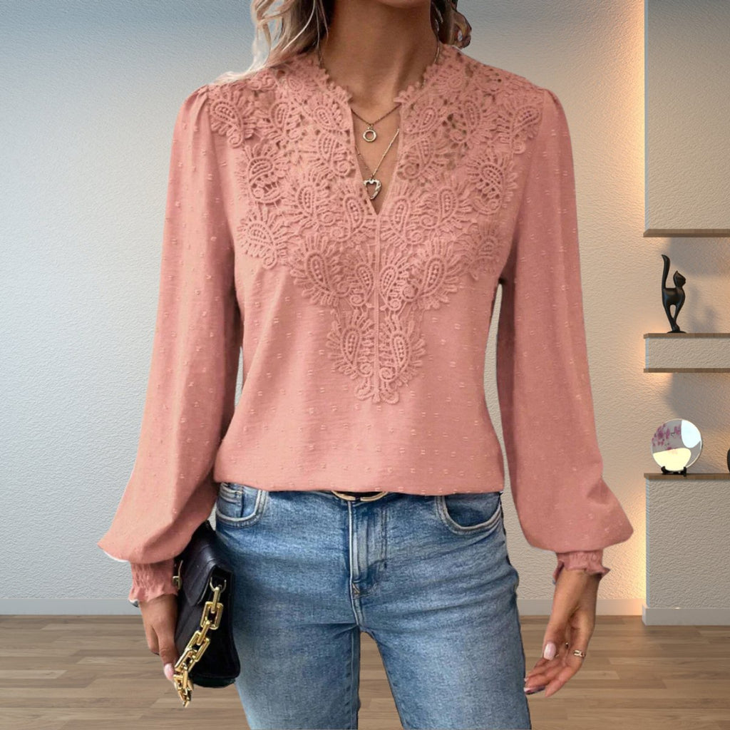 Women's Lace-Detail V-Neck Long-Sleeve Dotted Blouse - Pink
