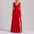 Women's Lace Shoulder Wrap Maxi Fall Wedding Guest Dresses Side Slit - Red