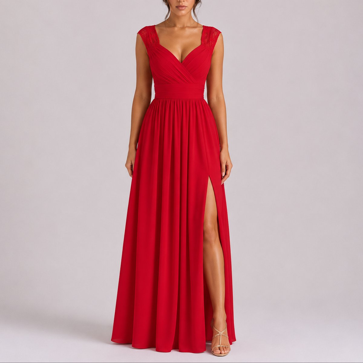 Women's Lace Shoulder Wrap Maxi Fall Wedding Guest Dresses Side Slit - Red