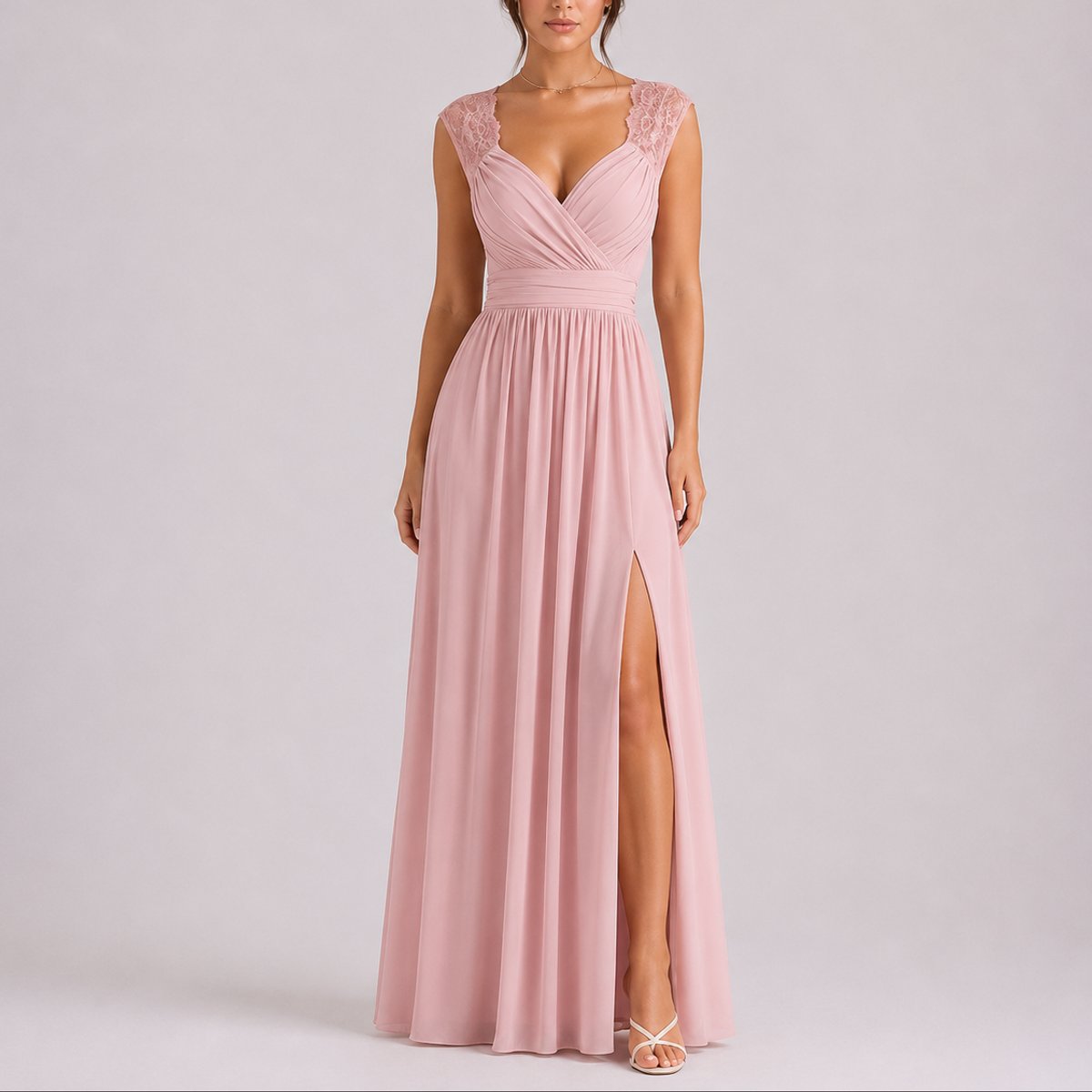 Women's Lace Shoulder Wrap Maxi Fall Wedding Guest Dresses Side Slit - Pink