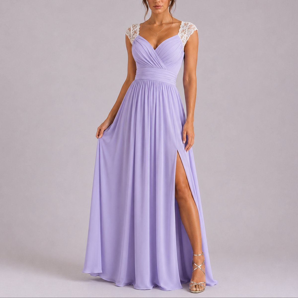 Women's Lace Shoulder Wrap Maxi Fall Wedding Guest Dresses Side Slit - Purple