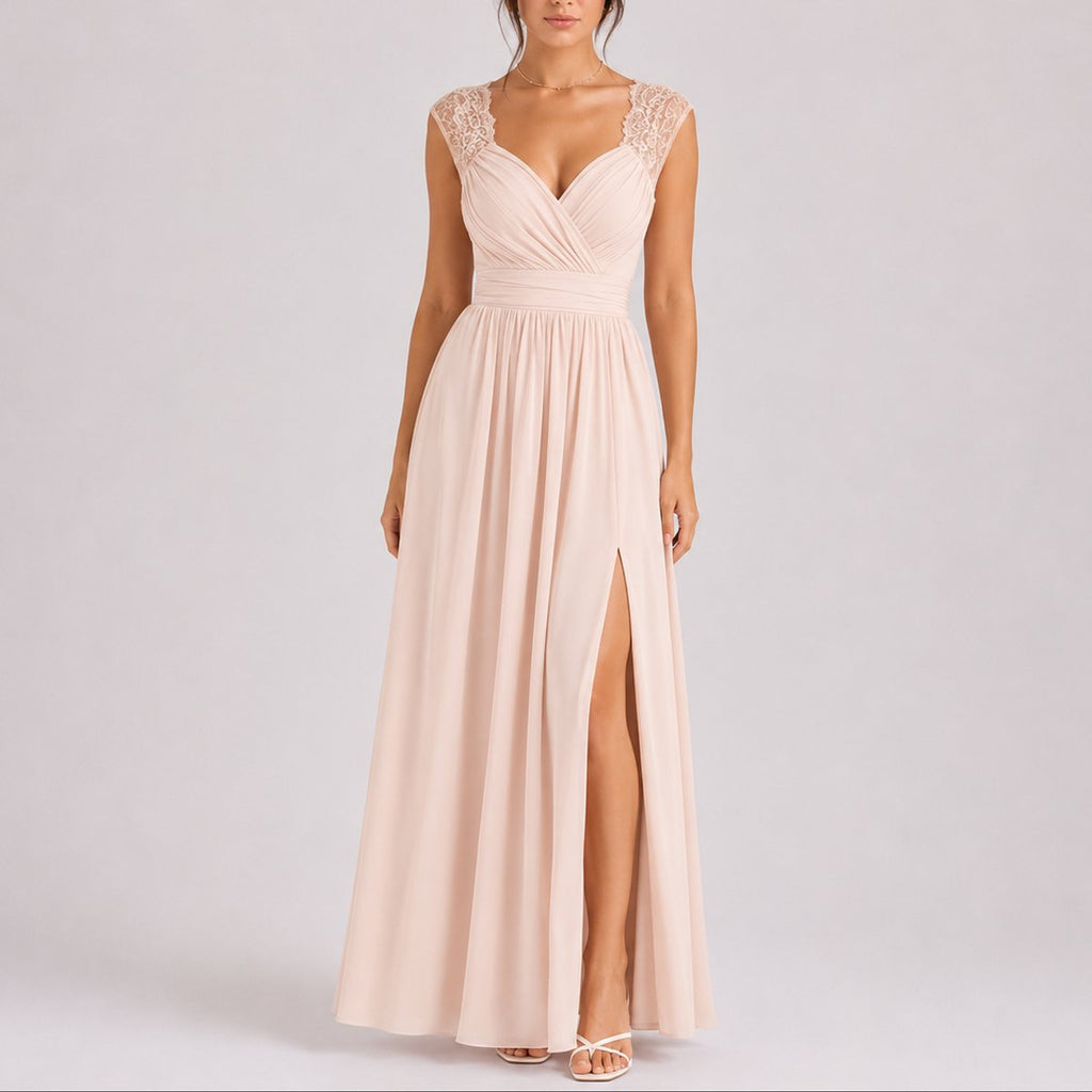 Women's Lace Shoulder Wrap Maxi Fall Wedding Guest Dresses Side Slit - Beige