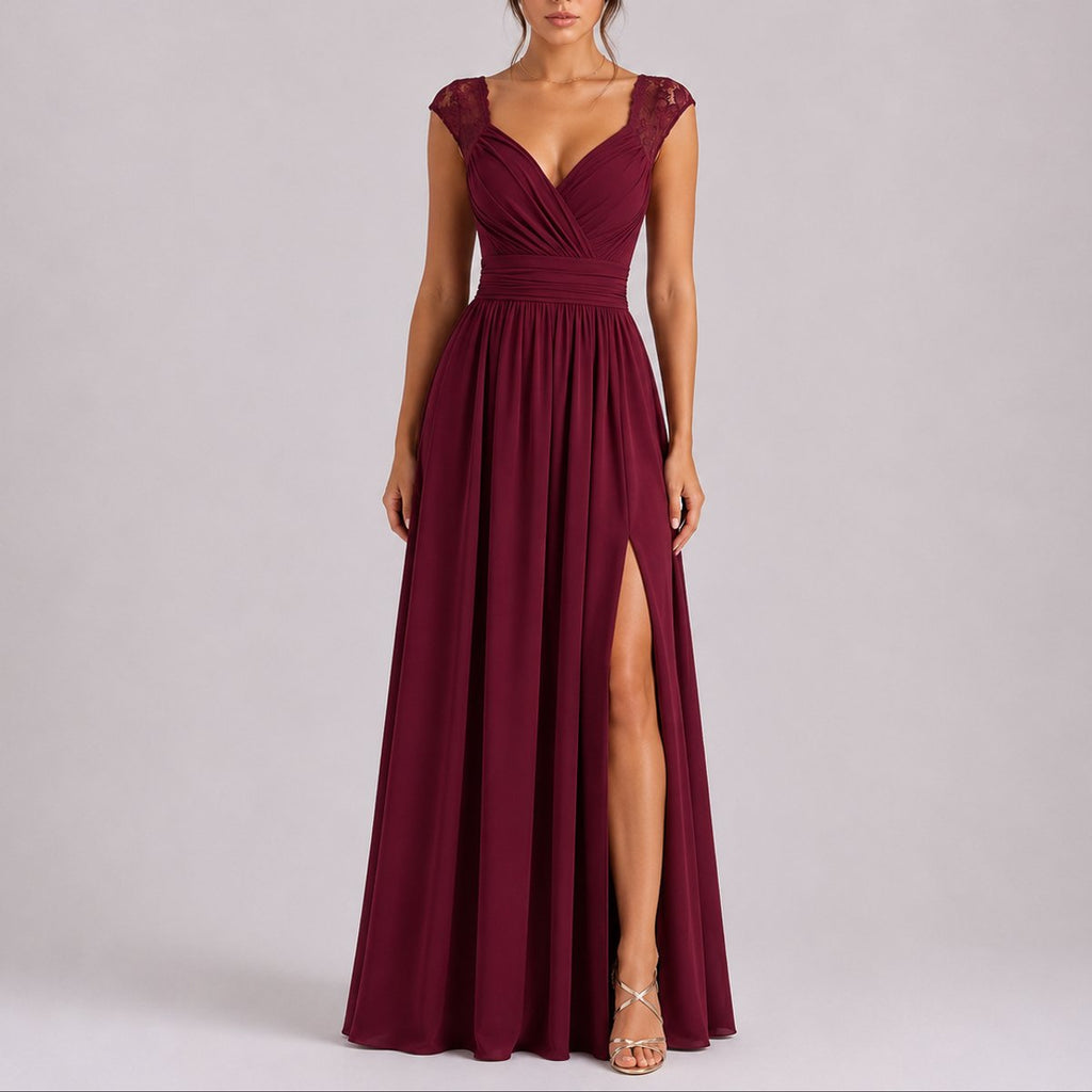 Women's Lace Shoulder Wrap Maxi Fall Wedding Guest Dresses Side Slit - Red Carpet