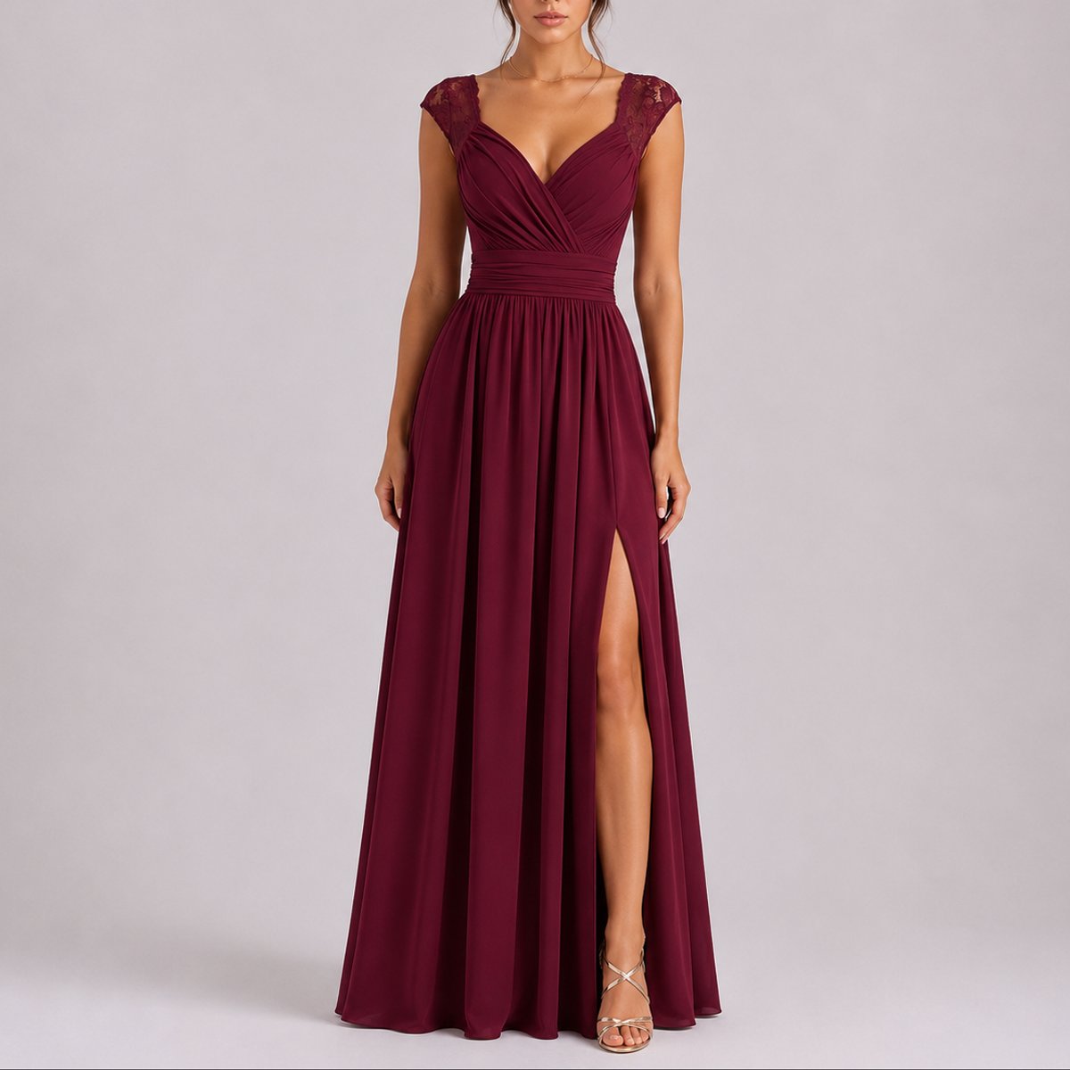 Women's Lace Shoulder Wrap Maxi Fall Wedding Guest Dresses Side Slit - Red Carpet