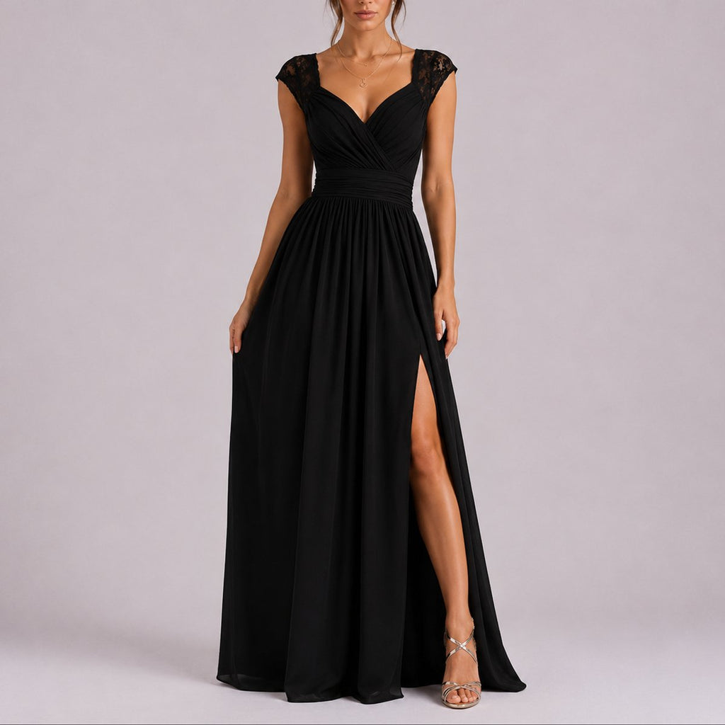 Women's Lace Shoulder Wrap Maxi Fall Wedding Guest Dresses Side Slit - Black