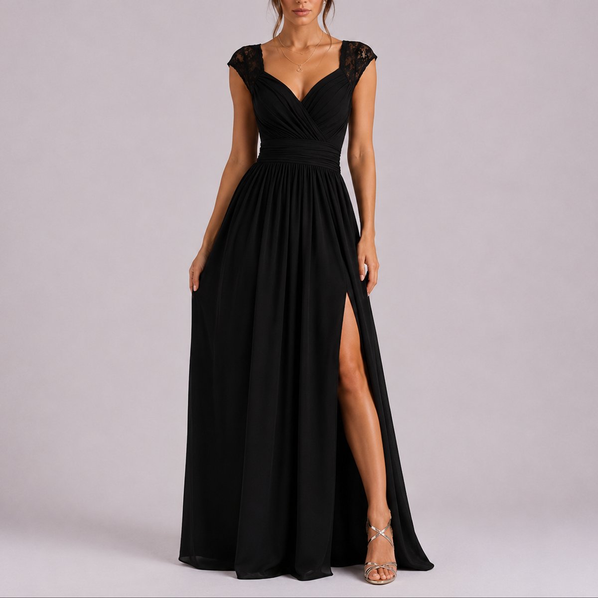 Women's Lace Shoulder Wrap Maxi Fall Wedding Guest Dresses Side Slit - Black